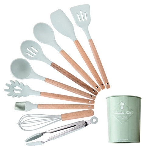 Kit de utensílios de cozinha de madeira (Conjunto de Silicone)