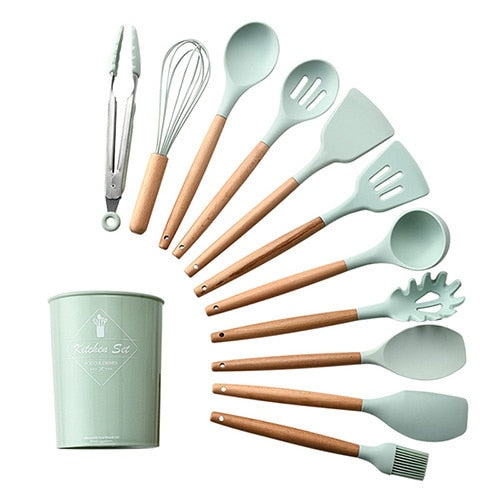 Kit de utensílios de cozinha de madeira (Conjunto de Silicone)