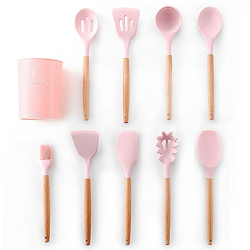 Kit de utensílios de cozinha de madeira (Conjunto de Silicone)