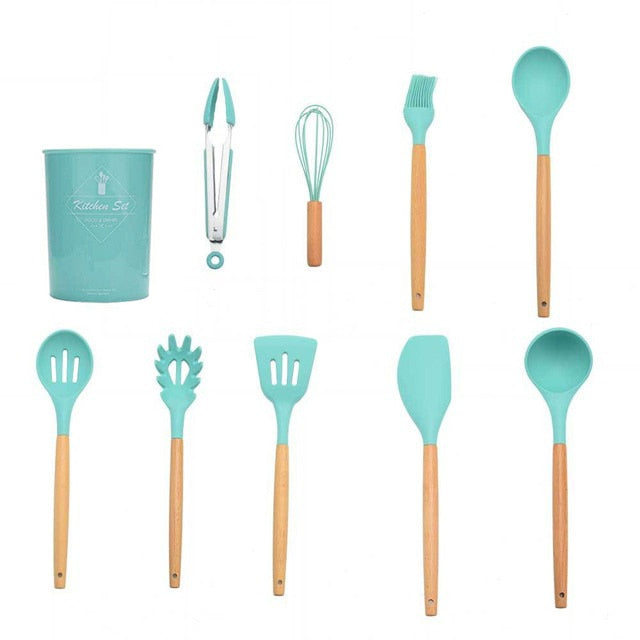 Kit de utensílios de cozinha de madeira (Conjunto de Silicone)