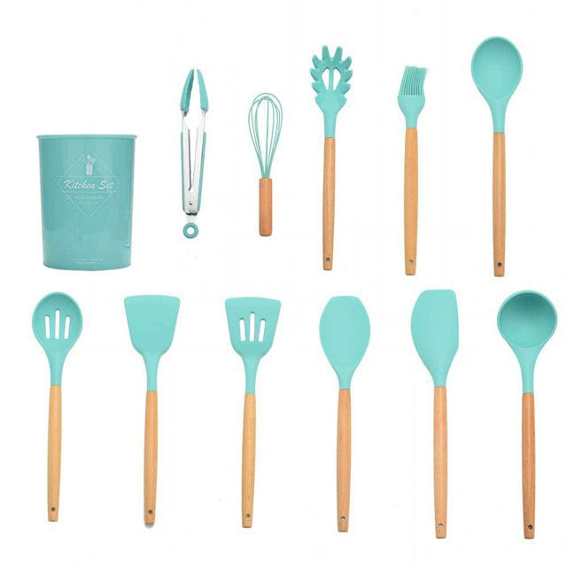 Kit de utensílios de cozinha de madeira (Conjunto de Silicone)