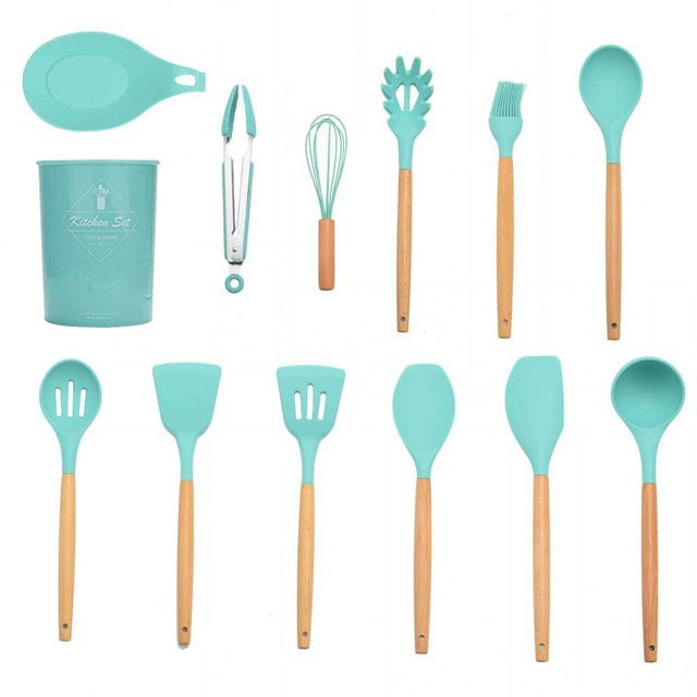 Kit de utensílios de cozinha de madeira (Conjunto de Silicone)