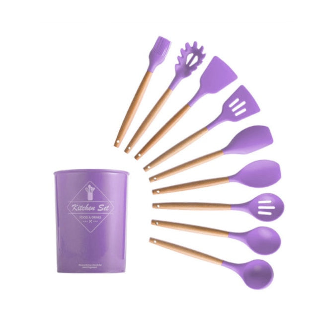 Kit de utensílios de cozinha de madeira (Conjunto de Silicone)